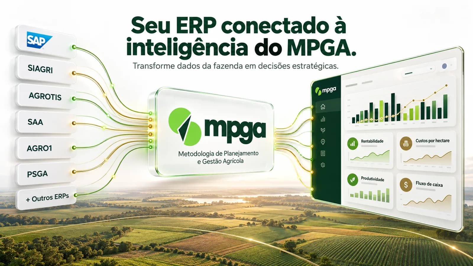 Seu ERP conectado à inteligência da MPGA: sistemas como SAP, Siagri, Agrotis, SAA, Agro1 e PSGA ligados à MPGA, que entrega painéis de rentabilidade, custo por hectare, produtividade e fluxo de caixa